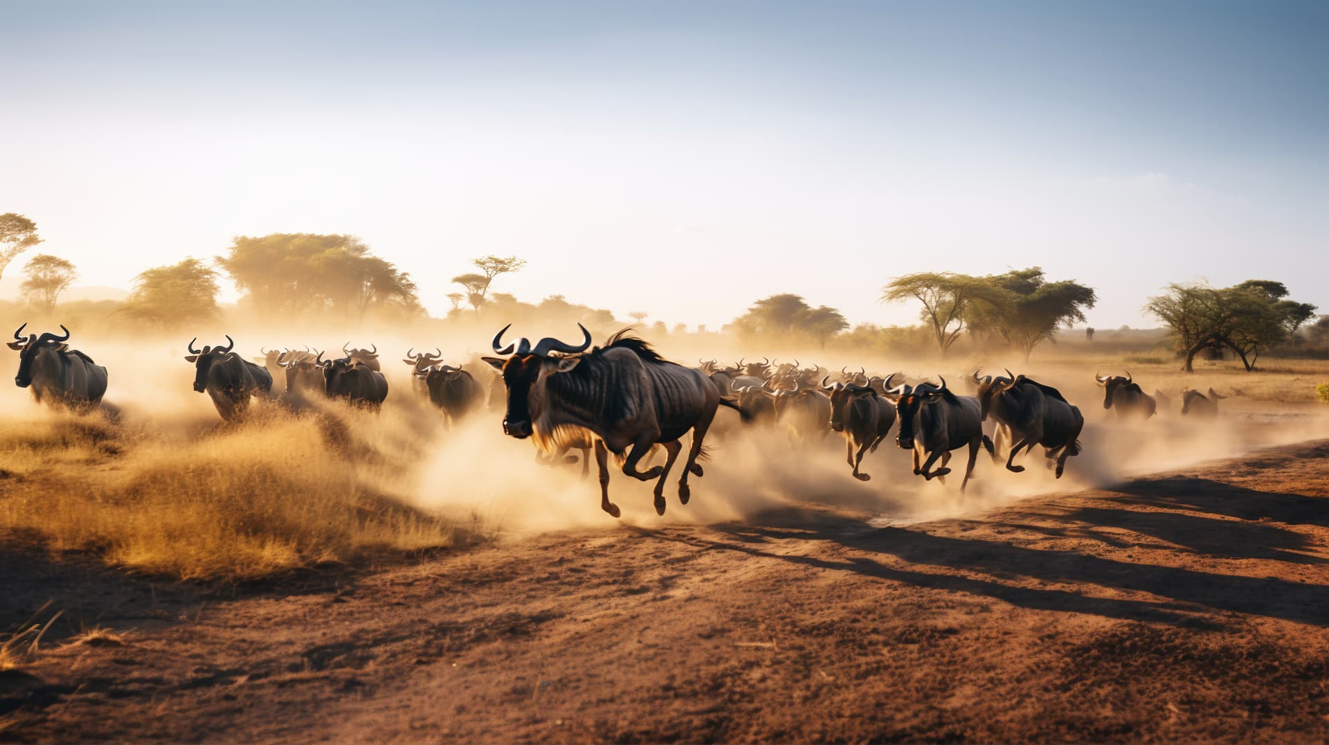Wildebeest and zebra herds crossing the Masai Mara plains in Kenya
